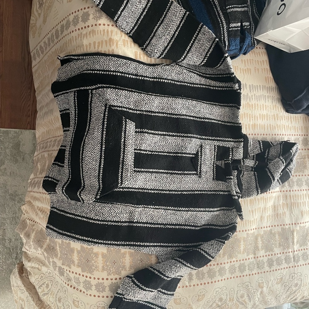 Black & White Striped Hooded Poncho Sweater